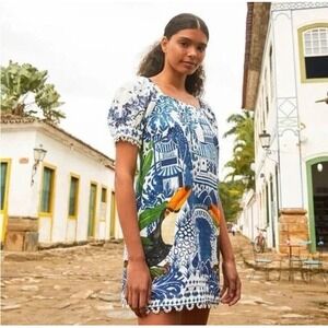 Anthropologie Farm Rio Mini Dress XS Ancient Garden 100% Linen Toucans Festival